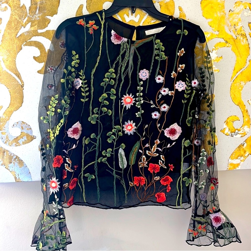 Vera & Lucy Floral Embroidered Translucent Flare Sleeve Blouse